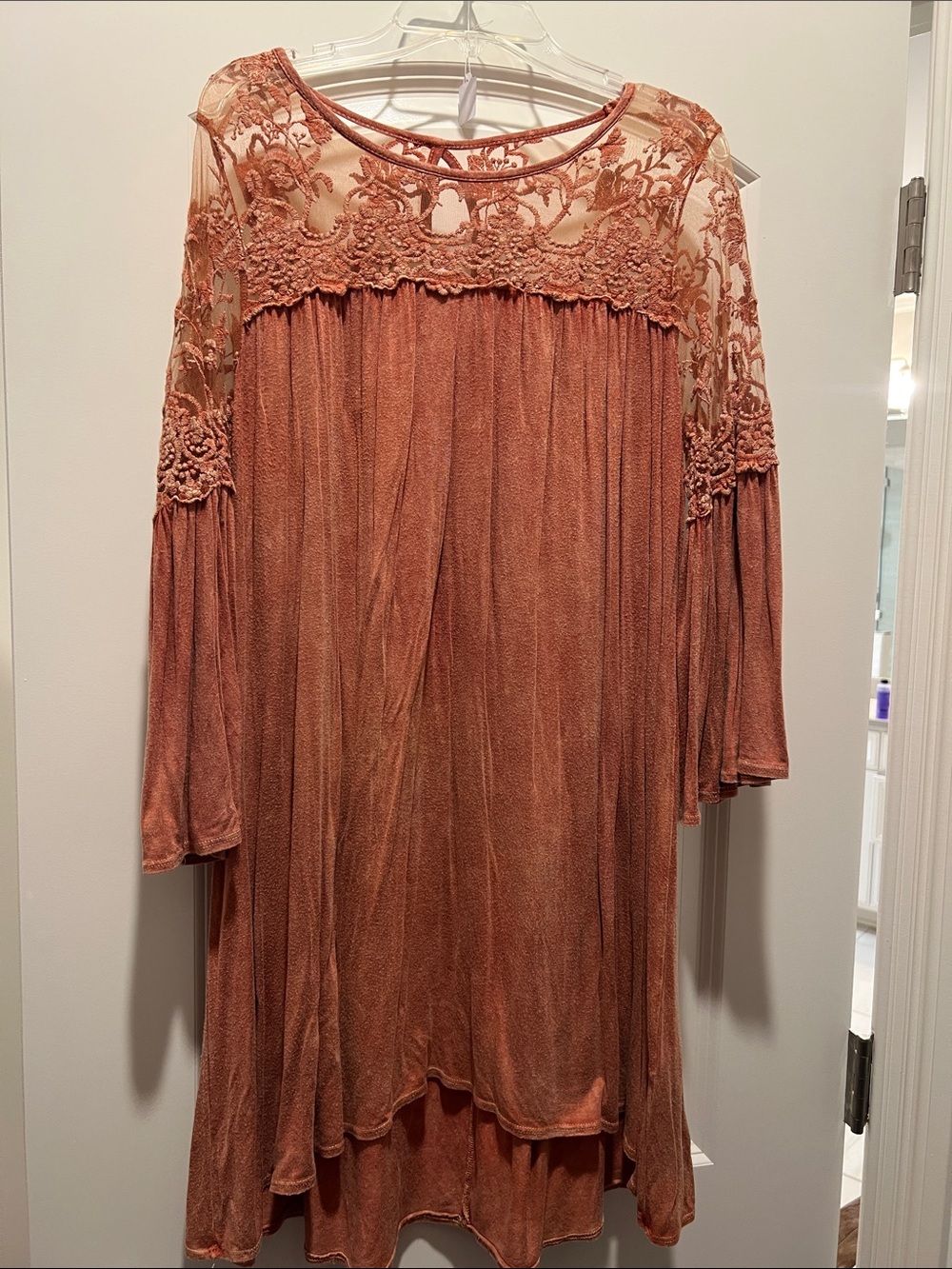 Buckle Rust-Tone Embroidered Lace Yoke Tunic